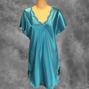 VINTAGE aqua teal silky nightgown midi mini short sleeve lace v neck 80s‎ 90s